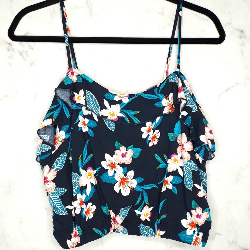Crop Top Floral Print Ruffle Neck Spaghetti Strap